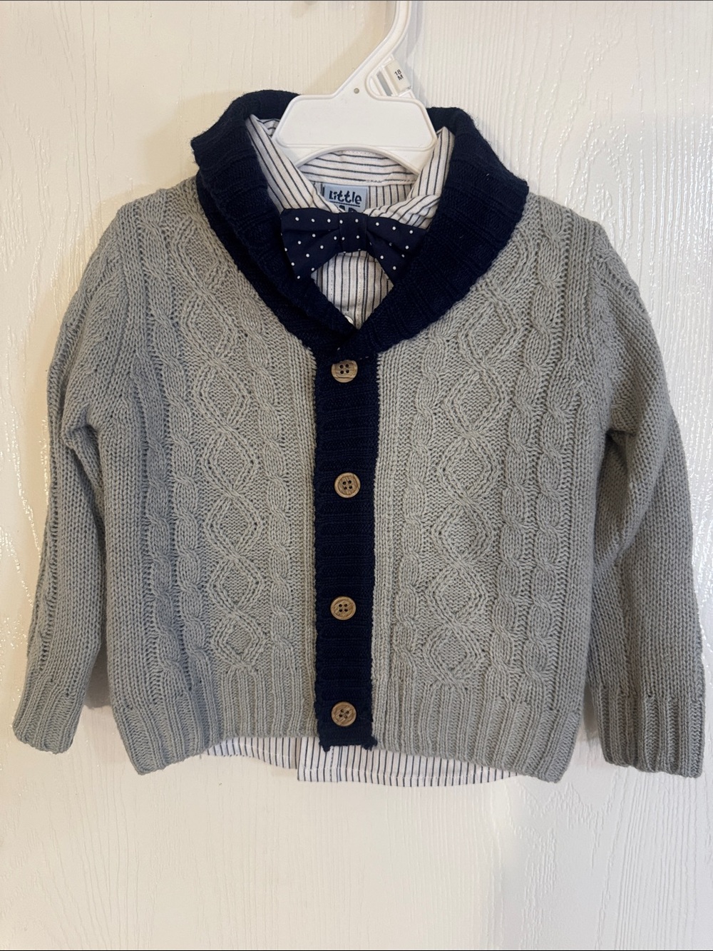 Little One 3 piece set:Gray Cable Knit Cardigan with Navy Trim